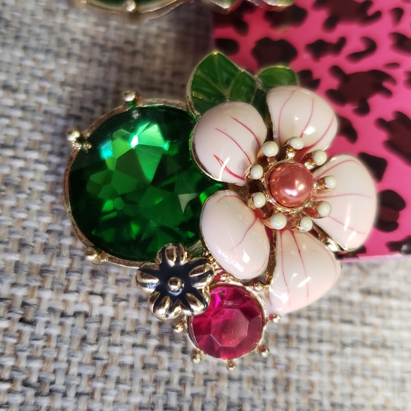 Statement Earrings, 1 pair Crystal Hoops, 1 pair Betsey Johnson Floral Studs. - Picture 4 of 6